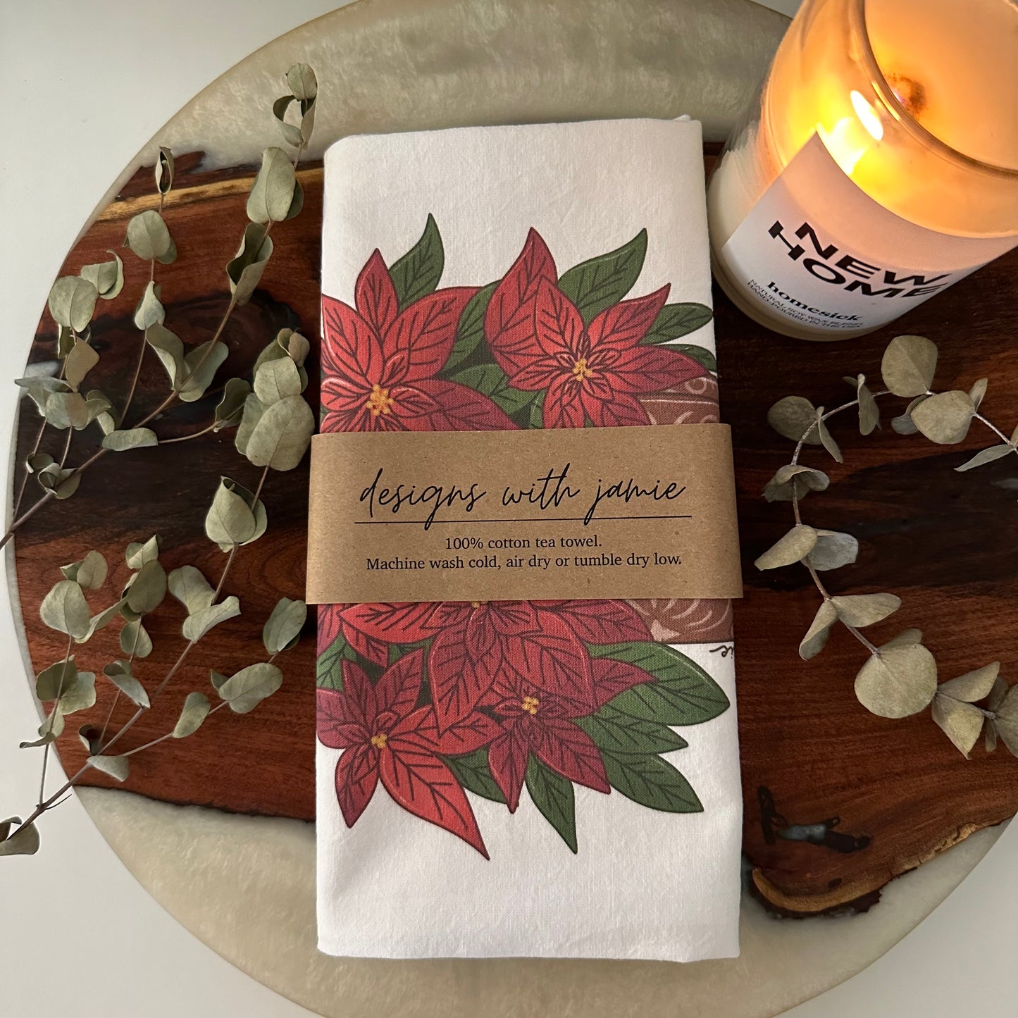 Poinsettia Cowboy Boots Tea Towel