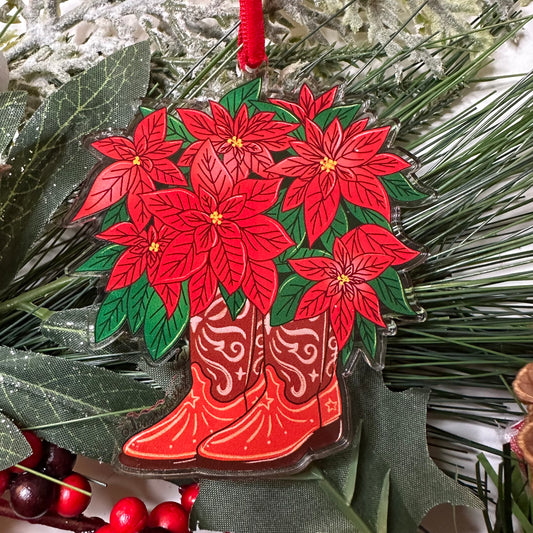 Texas Cowboy Boots Poinsettia Ornament