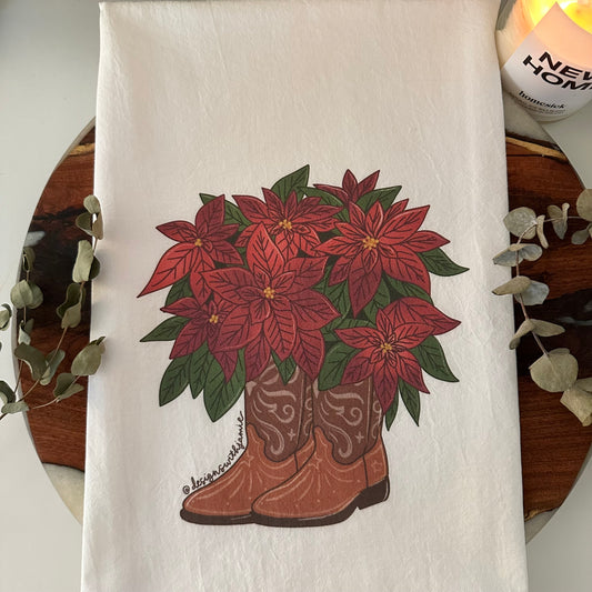 Poinsettia Cowboy Boots Tea Towel